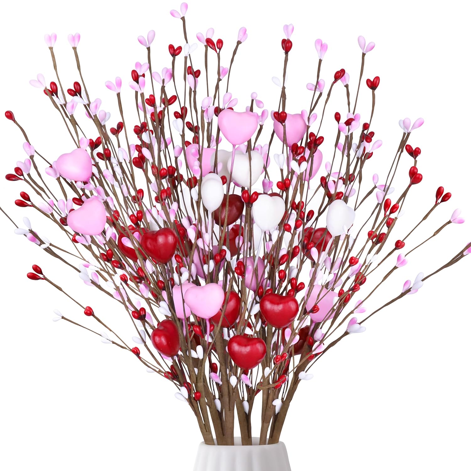 Valentines Day Decorations Artificial Heart Flowers Berry Stems Gifts, 6 Packs Red Pink White Heart Shaped Valentines Picks For Wedding Anniversary Vase Filler Valentine Decorations For Home Party