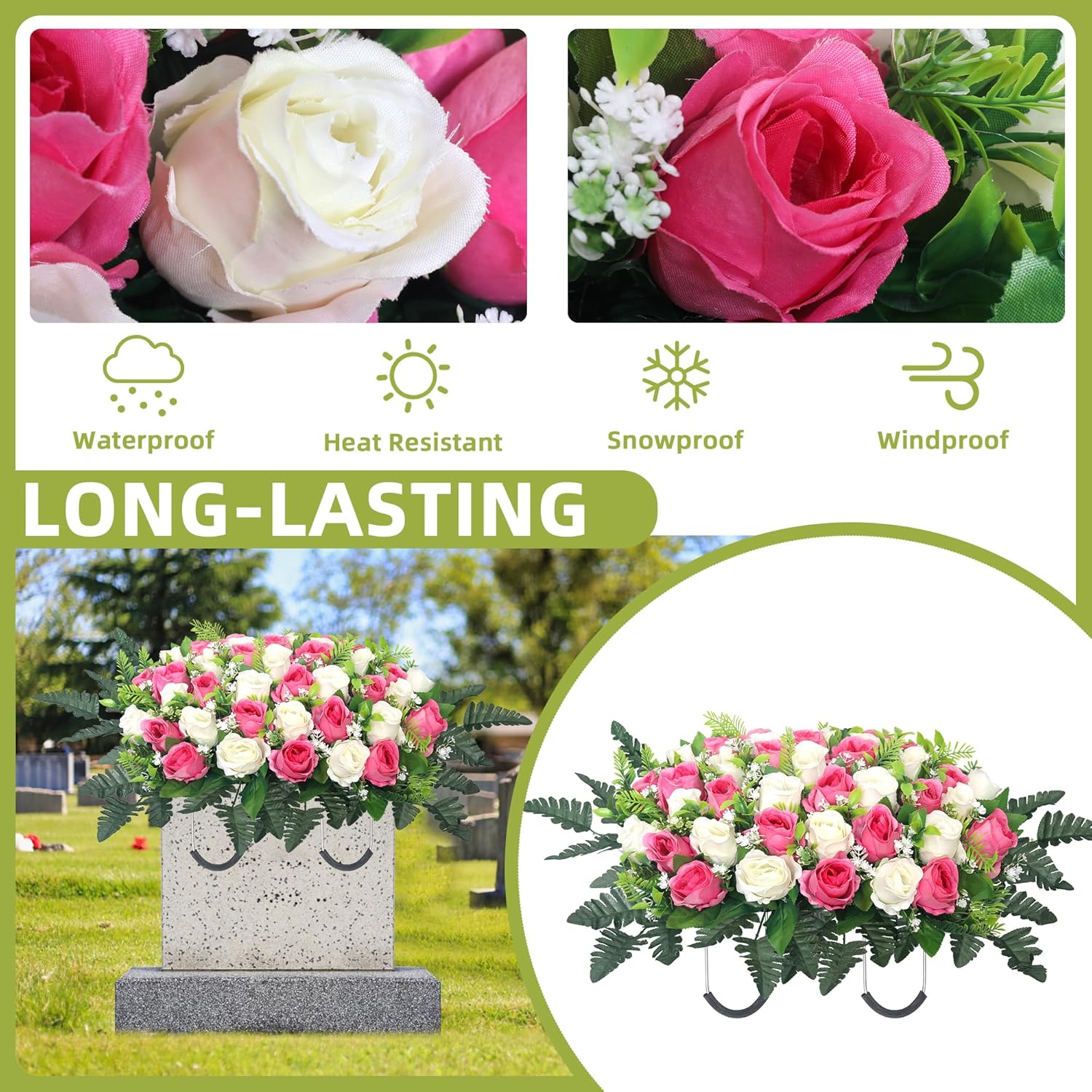 Artificial Cemetery Flowers For Grave,Headstone Flowers Saddle Outdoor Grave Saddle Memorial Silk Roses Flowers For Cemetery Decorations (Pink)