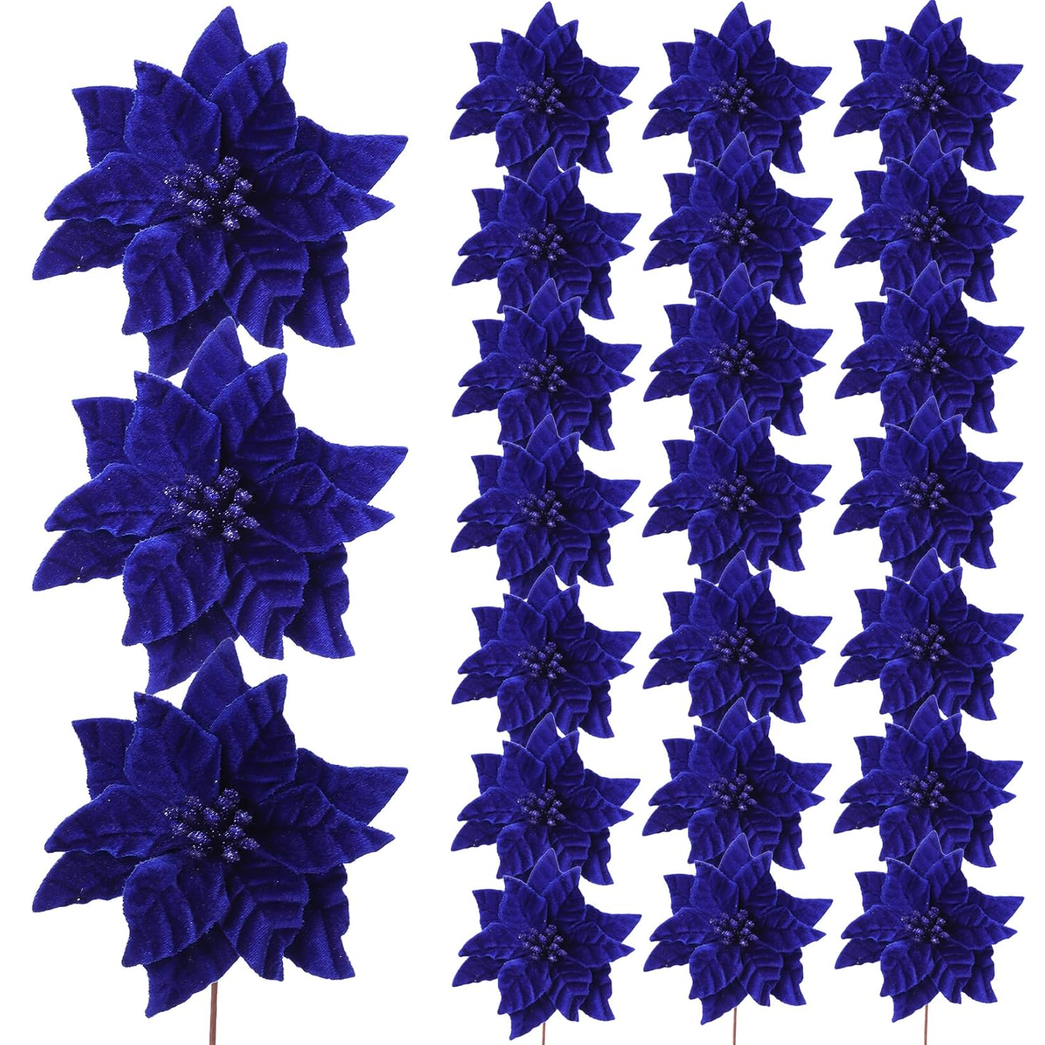 24 Pcs Poinsettia Flowers Artificial, 6.3 In Large Velvet Christmas Flowers With Stems, Floral Picks For Christmas Tree Wreath Garland Ornaments Wedding Decor, Royal Blue