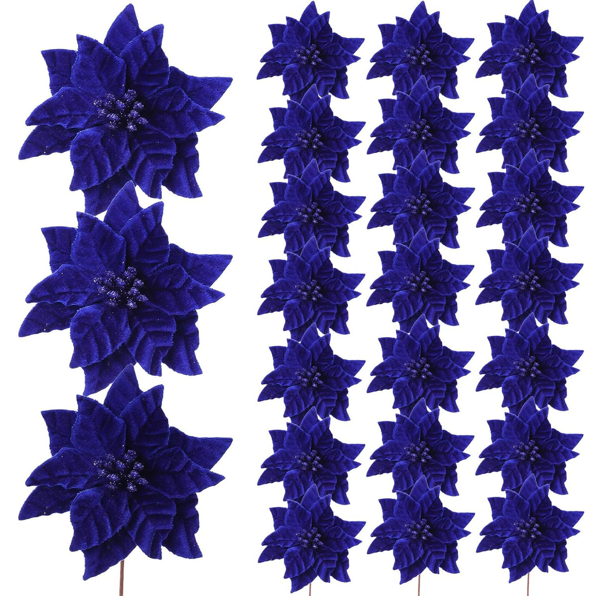 24 Pcs Poinsettia Flowers Artificial, 6.3 In Large Velvet Christmas Flowers With Stems, Floral Picks For Christmas Tree Wreath Garland Ornaments Wedding Decor, Royal Blue