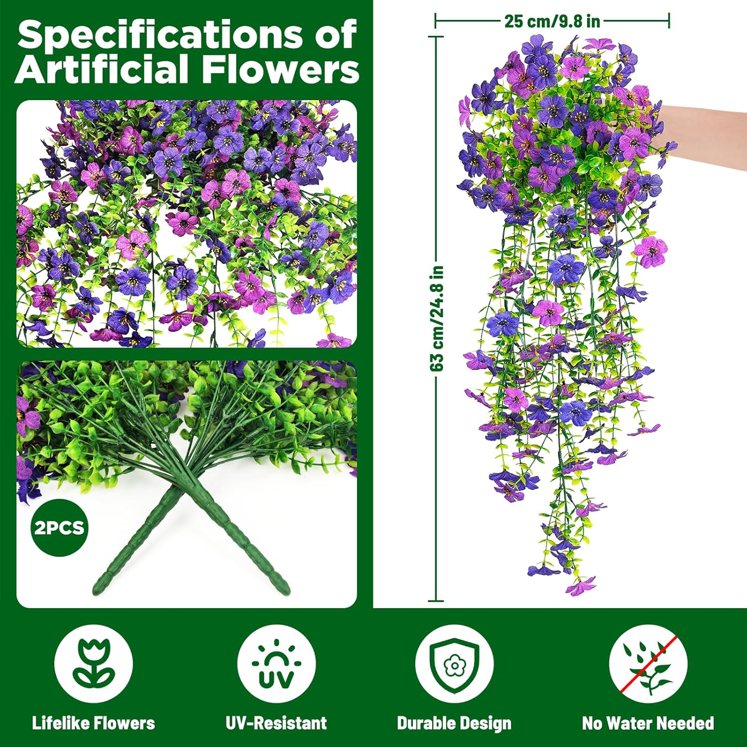 Artificial Hanging Flowers For Outdoors, 2Pcs Faux Silk Daisy Outdoor Flowers Uv Resistant Fake Hanging Plant For Outside Planter Porch Patio Yard Garden Wedding Home Decorations (Double Purple)
