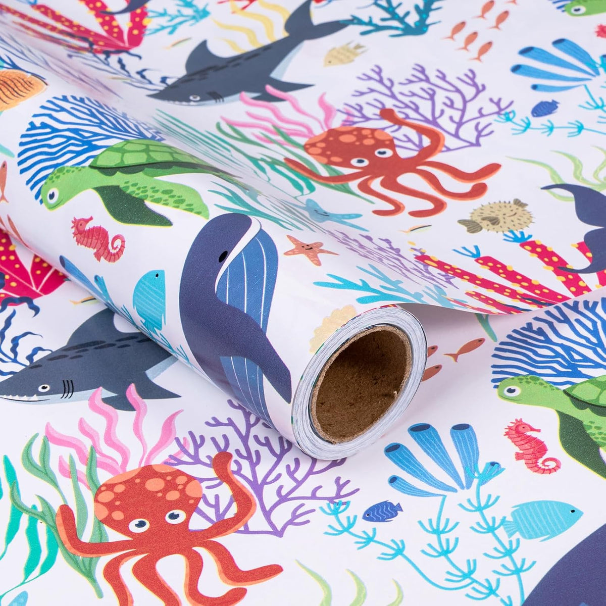 Ocean Wrapping Paper Roll - Cartoon Design Of Ocean, Whale, Turtle, Sea Creature For Birthday, Baby Shower, Holiday Party For Boys Girls Kids - 17 Inches X 32.8 Feet (46.45 Sq.Ft.)