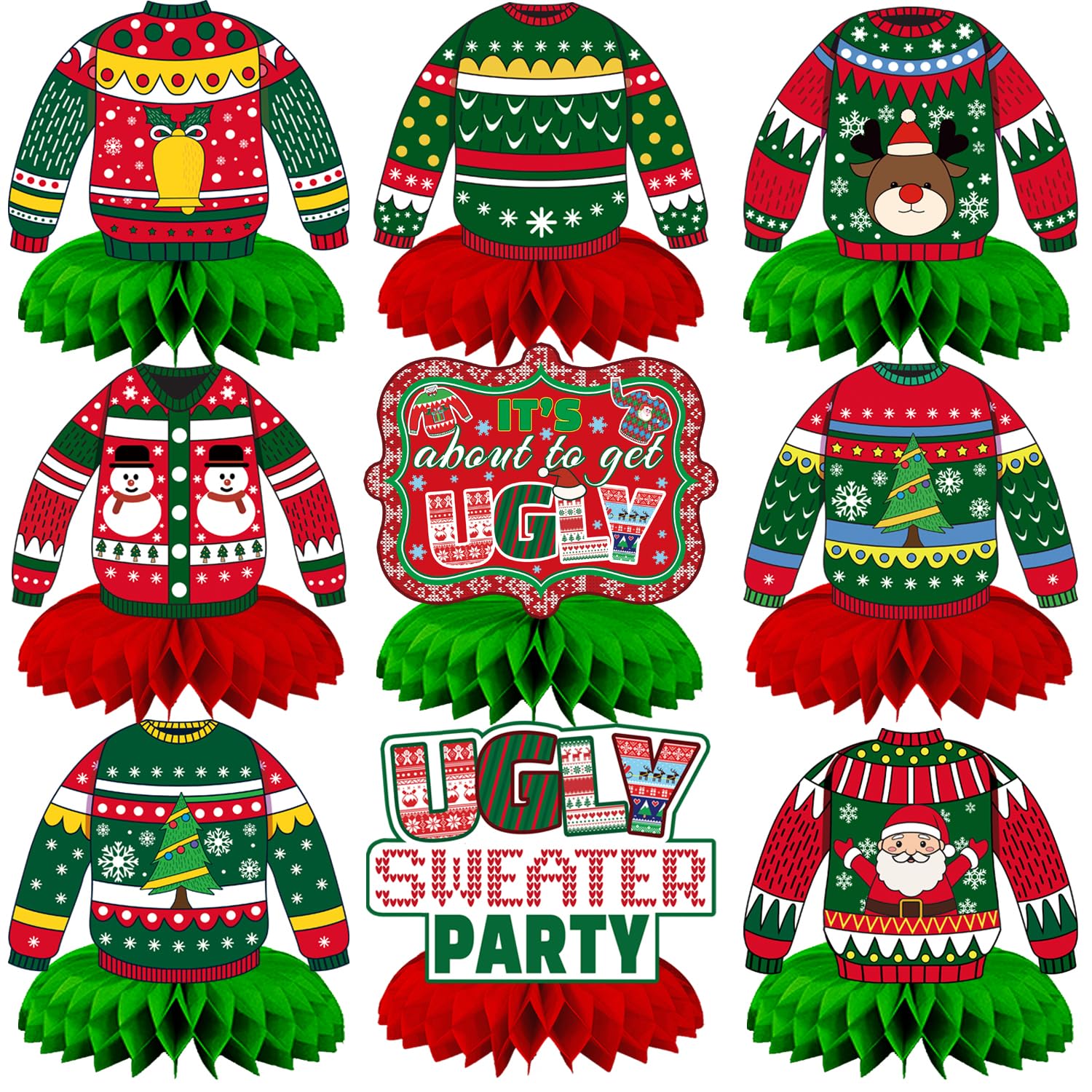 Christmas Ugly Sweater Party Decorations Honeycomb Centerpiece,9Pcs Ugly Sweater Centerpieces For Tables,3D Xmas Table Topper Xmas Table Centerpieces For Merry Christmas Holidays Decoration