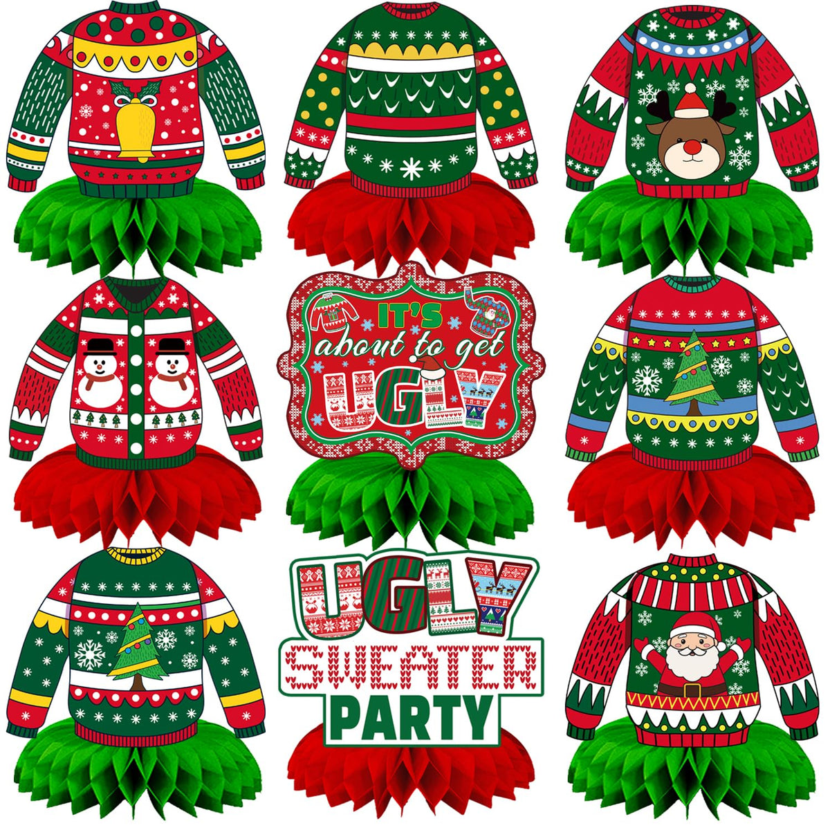 Christmas Ugly Sweater Party Decorations Honeycomb Centerpiece,9Pcs Ugly Sweater Centerpieces For Tables,3D Xmas Table Topper Xmas Table Centerpieces For Merry Christmas Holidays Decoration
