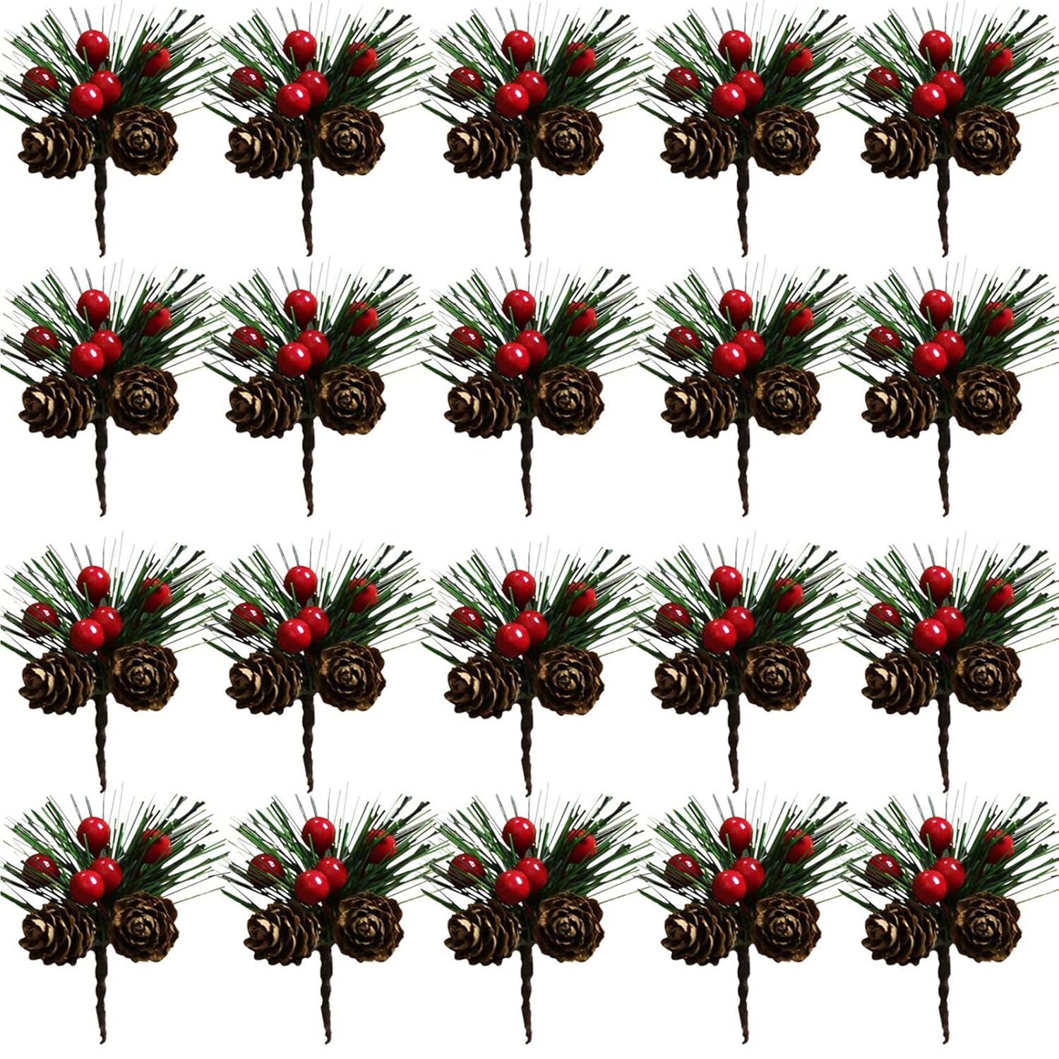 20Pcs Artificial Pine Picks Christmas Simulation Pine Needle Small Berries Pinecones For Flower Arrangements Wreaths Wedding Garden Xmas Tree Decorations (Red)