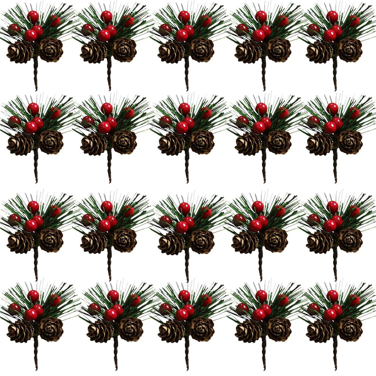 20Pcs Artificial Pine Picks Christmas Simulation Pine Needle Small Berries Pinecones For Flower Arrangements Wreaths Wedding Garden Xmas Tree Decorations (Red)