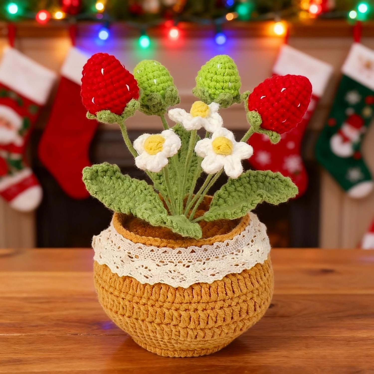 5.8" Knitting Crochet Flowers Potted Plants Artificial Strawberry Handmade Flowers For Friends Tabletop Living Room Home Decoration Car Dashboard Party Christmas Stocking Stuffers (Red)