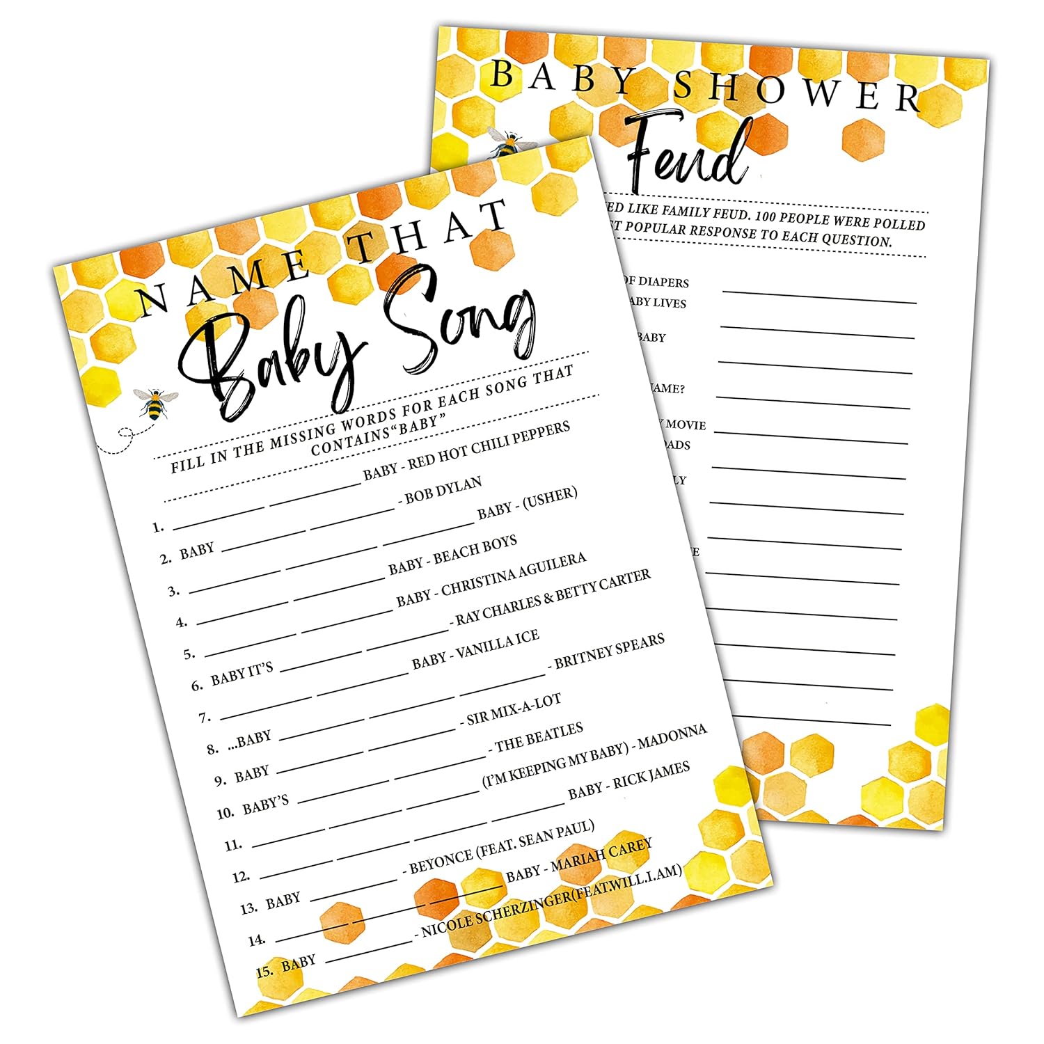 Honey Bee Baby Shower Games, Double-Sided Games Name That Baby Song & Baby Feud Game(30-Pack) With 1 Answer Card, Honeycomb Baby Gender Reveal Party Decoration Supplies(5"X7")-Game-I03