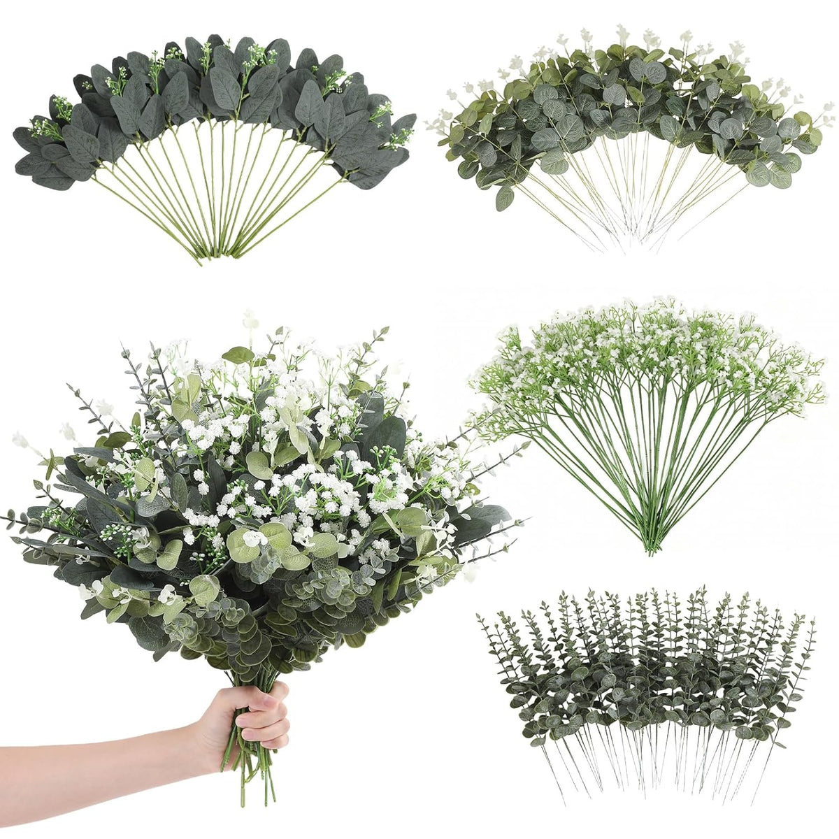 120 Pcs Mixed Artificial Eucalyptus Leaves Stems Bulk,Baby Breath Artificial Flowers Bulk With Eucalyptus Leaves Greenery Stems For Diy Bouquets Wedding Floral Home Decor (Green-120Pcs)