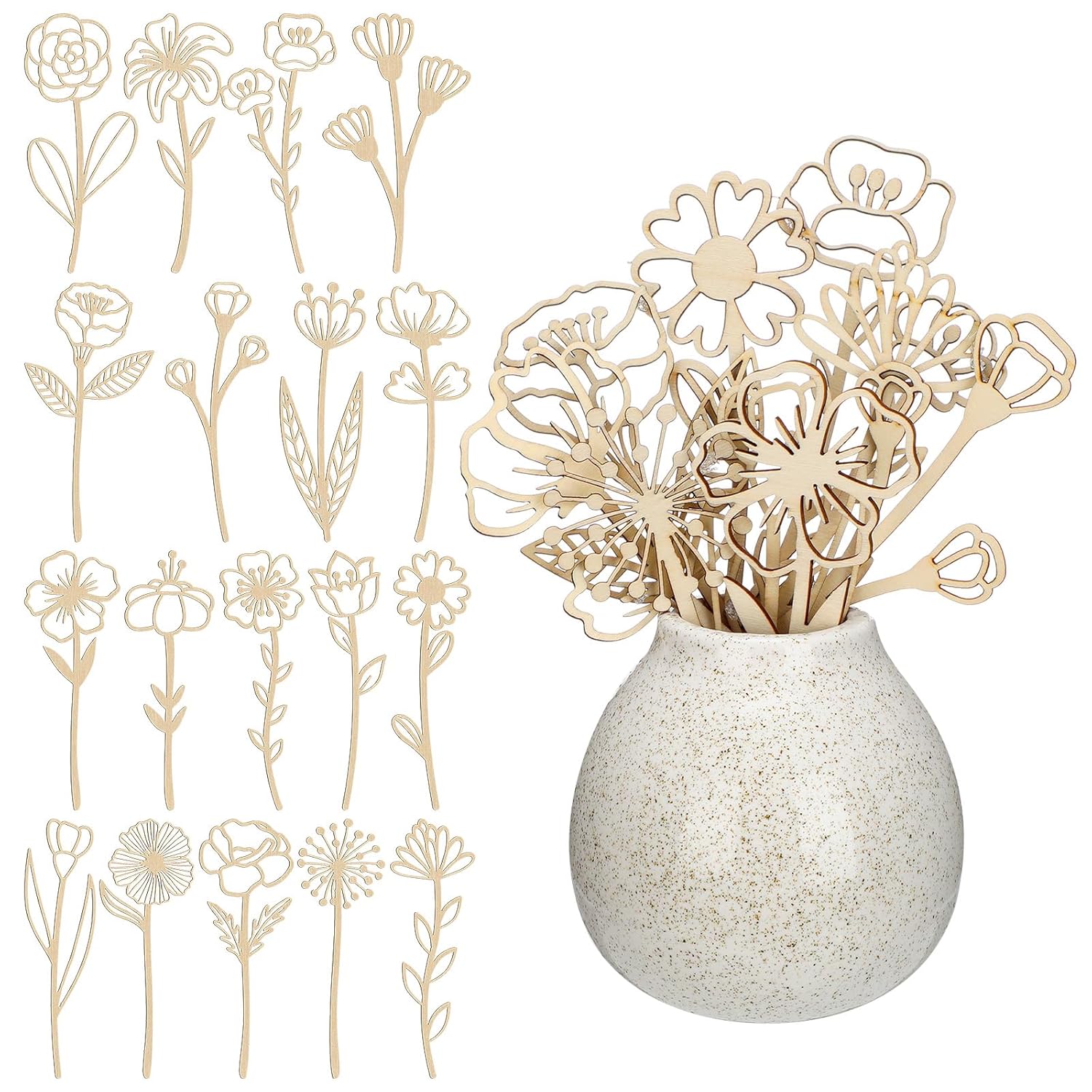 36 Pcs Wooden Wildflower Decor Set Wood Flowers Cutout Signs Wildflowers Stems Laser Cut Flowers For Home Birthday Holiday Art Diy Decoration