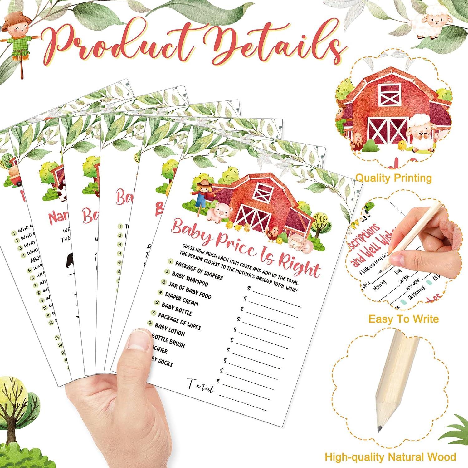 150 Pcs Watercolor Baby Shower Games Set Farm Animals 6 Games With 20 Pieces Pencils For Baby Shower Activities Include Descriptions, Guess Who, Price, Bingo Game, Word Scramble Game