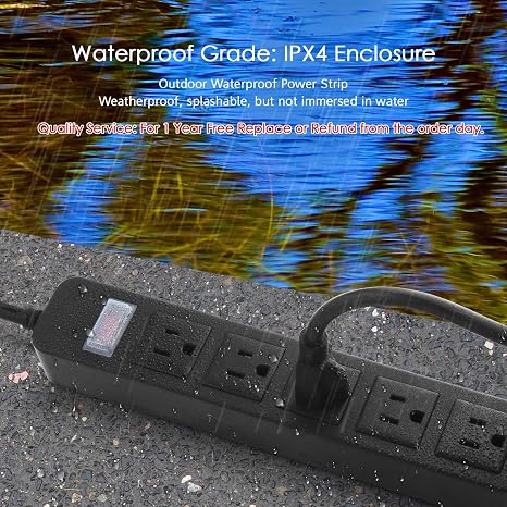 Outdoor Weatherproof Power Strip 5 Outlets 5FT Flat Plug Extension Cord Surge Protector