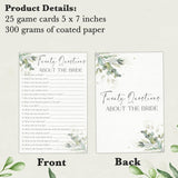 Greenery Wedding Shower Games, 20 Questions About The Bride, 30 Elegant Bridal Shower Activity For Bachelorette Engagement Party Supplies Favors- B04