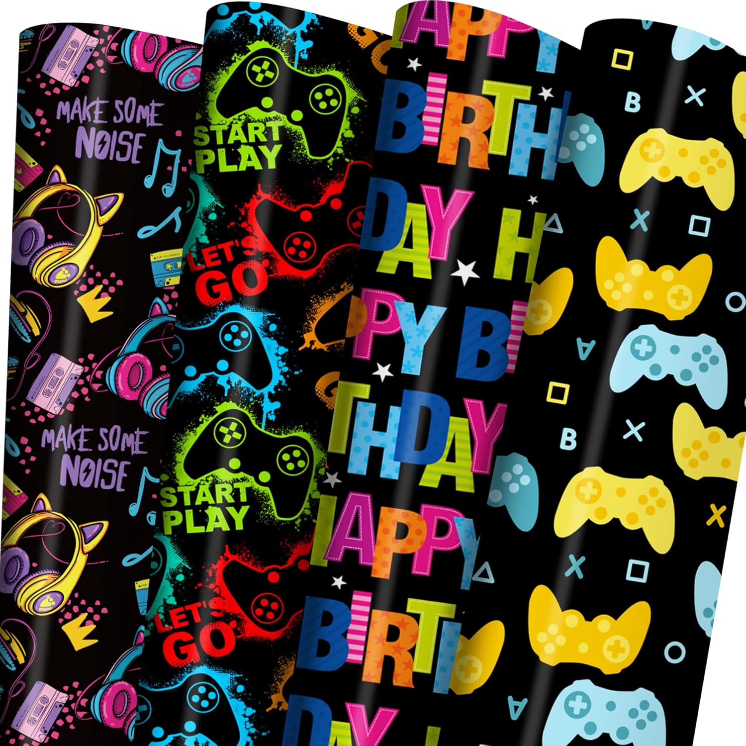 Gaming Birthday Wrapping Paper For Boys Girls Kids Baby Shower,Black Gift Wrapping Paper With Colorful Gamepad, Pink Headphones, Happy Birthday, Easy To Store, Not Rolled.