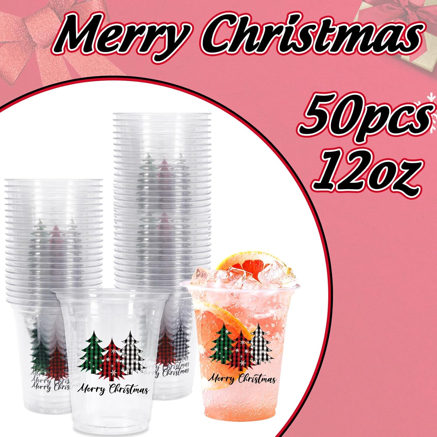 50Pcs 12Oz Christmas Disposable Cups Black Green Red Plaid Plastic Party Cups Christmas Tree Clear Plastic Glasses For Xmas Holiday Coffee Juice Hot Cold Drinks Party Supplies