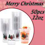 50Pcs 12Oz Christmas Disposable Cups Black Green Red Plaid Plastic Party Cups Christmas Tree Clear Plastic Glasses For Xmas Holiday Coffee Juice Hot Cold Drinks Party Supplies