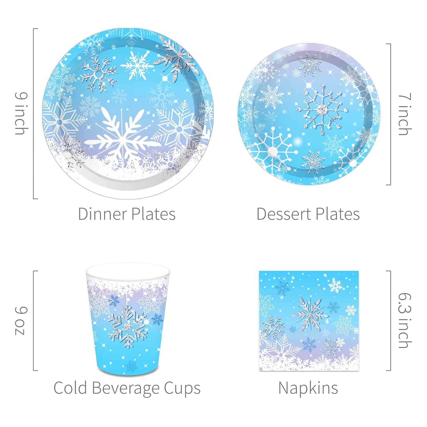 Snowflake Party Decorations,Winter,Christmas Include Blue Snow Party Plates, Dessert Plates,Cups, Napkins (88Pcs )