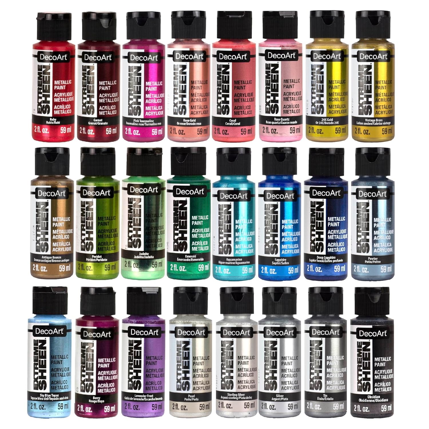 DecoArt Extreme Sheen Metallic Acrylic Paint Set – Metallic Colors Set of 24 Bottles (2 fl oz) – Premium Art and Craft Metallic Paints