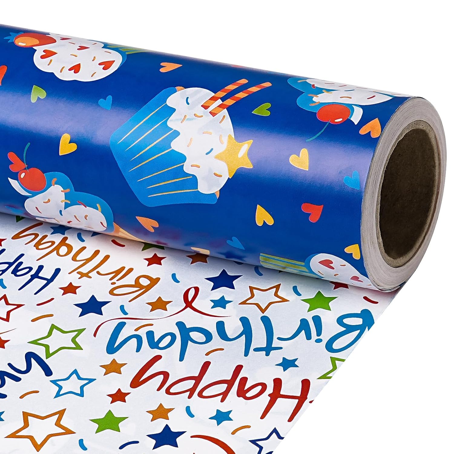 Reversible Birthday Wrapping Paper Roll, Mini Roll, Blue Cupcake Design And Colorful Happy Text With Stars, Colorful Adorable Gift Wrap For Boys Girls Birthday Party, 17 Inches X 16.4 Feet