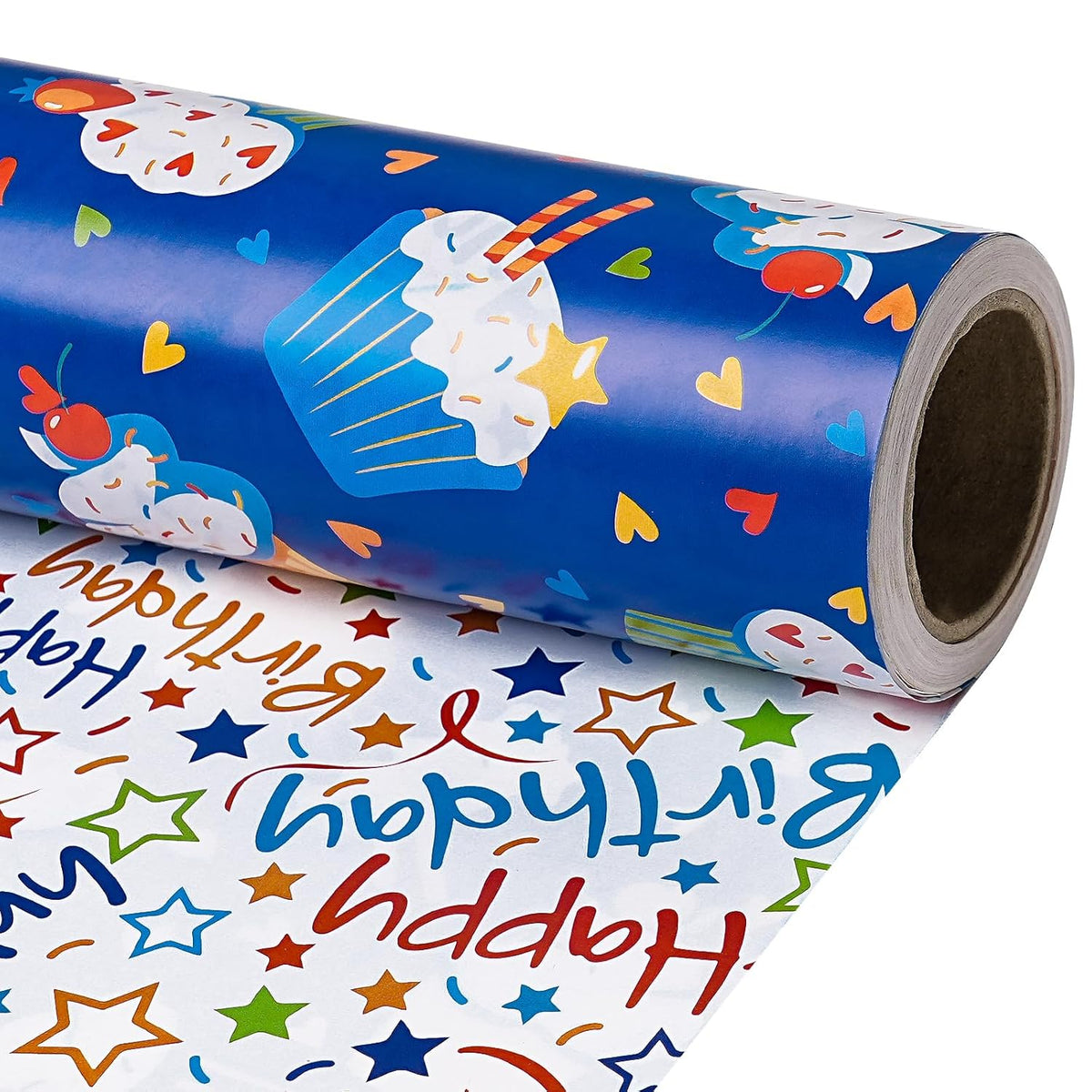 Reversible Birthday Wrapping Paper Roll, Mini Roll, Blue Cupcake Design And Colorful Happy Text With Stars, Colorful Adorable Gift Wrap For Boys Girls Birthday Party, 17 Inches X 16.4 Feet