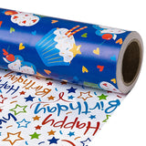 Reversible Birthday Wrapping Paper Roll, Mini Roll, Blue Cupcake Design And Colorful Happy Text With Stars, Colorful Adorable Gift Wrap For Boys Girls Birthday Party, 17 Inches X 16.4 Feet