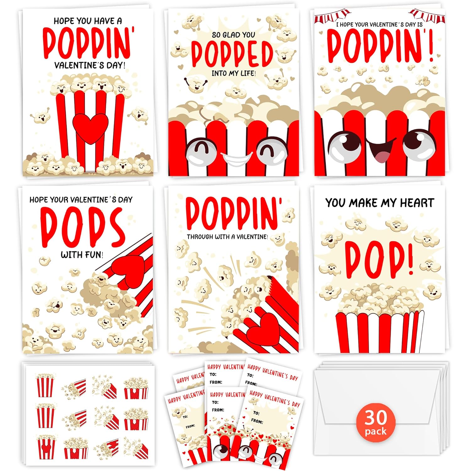 Popcorn Valentine'S Day Cards For Kids Classroom, 30 Pack Valentine Cards With 36 Stickers & 30 Envelops, Valentines Gifts For Boys Girls