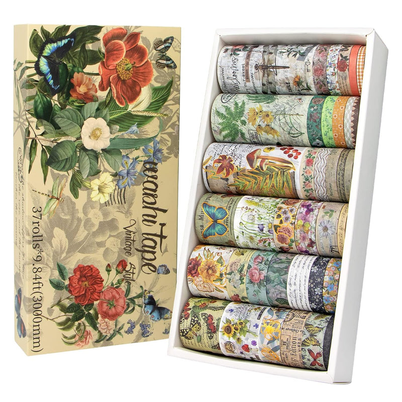 37 Rolls Vintage Washi Tape Set - Decorative Tape Floral Butterfly Mus