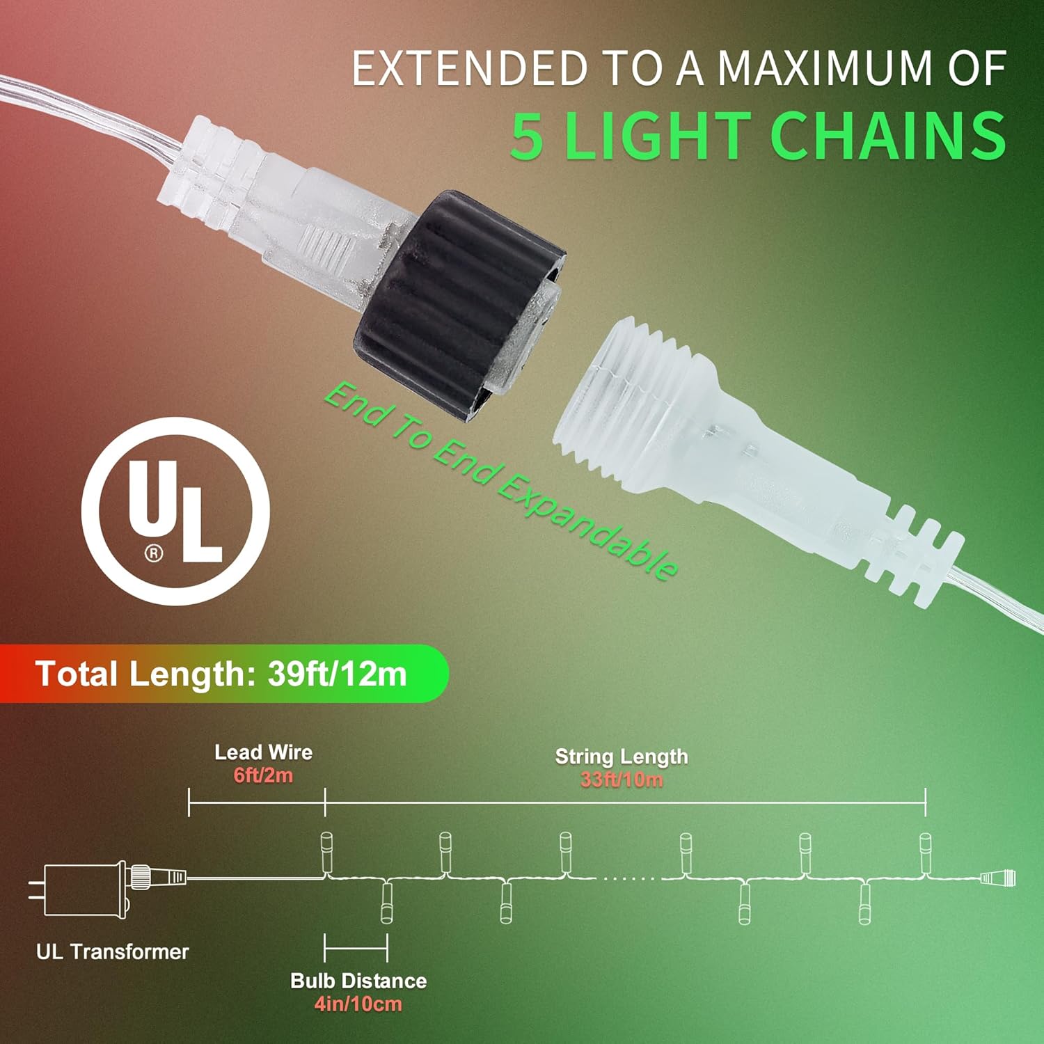 Red And Green String Lights, 33Ft 100 Led Christmas Lights Plug In,8 Modes Twinkle Fairy Light Waterproof For Indoor Out