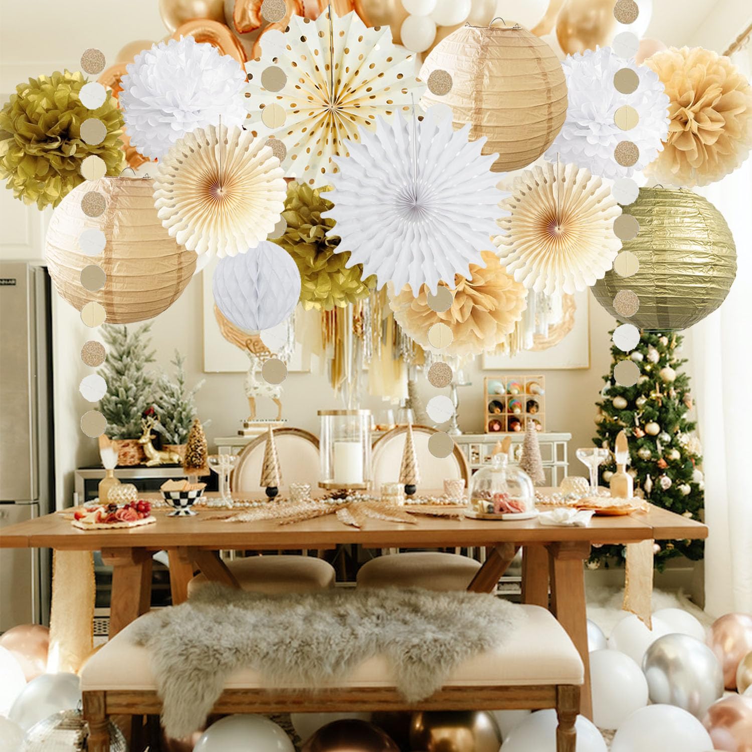 White Gold Party Decorations Tissue Pom Poms Paper Lanterns Hanging Paper Fan Honeycomb Christmas Wedding Engagement Bachelorette Neutral Birthday Baby Bridal Shower Decoration