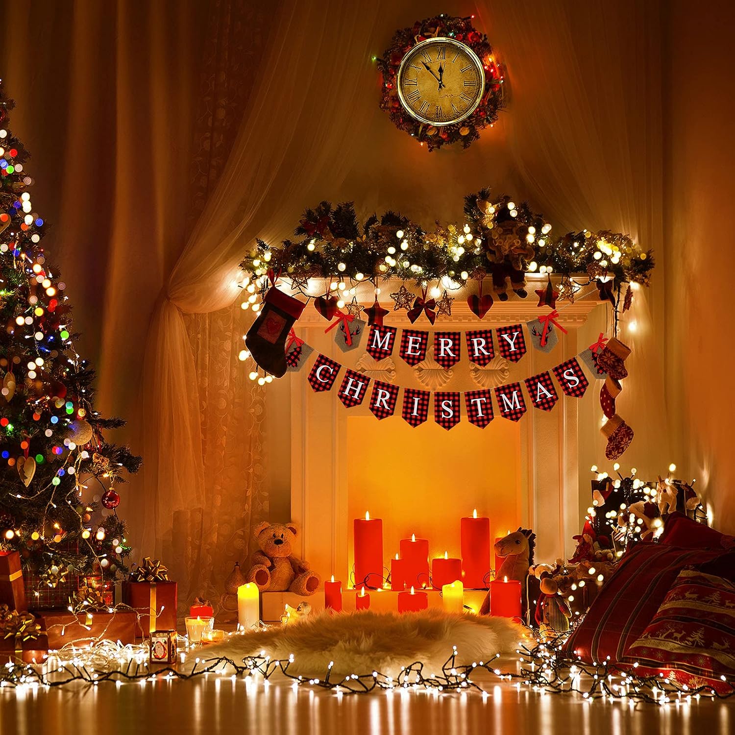 Merry Christmas Banner Burlap Garland & Vintage Xmas Banner For Fireplace Mantel - Black & Red Plaid Letters - Xmas Party Supplies