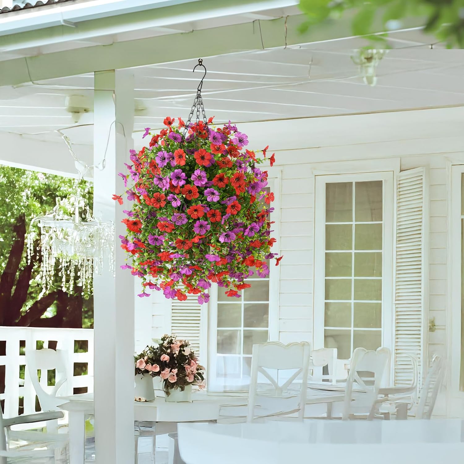 Artificial Hanging Flowers With Basket For Spring Outdoor Decoration 3 Bunches Of Silk Daisy Flower Uv Resistant For Garden Porch Patio Balcony Yard Decor (Red Purple)