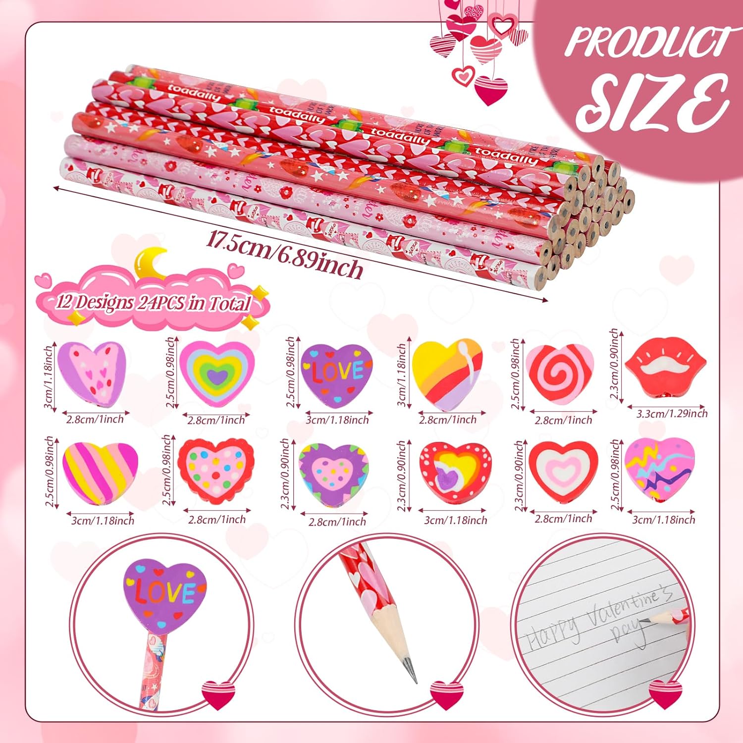 24Pcs Valentine'S Day Pencils With Erasers Topper Decorated With Love Hearts Lips Assortment Valentine Stationery Pencil Bulk For Valentine'S Day Goodie Bag Filler School Teacher