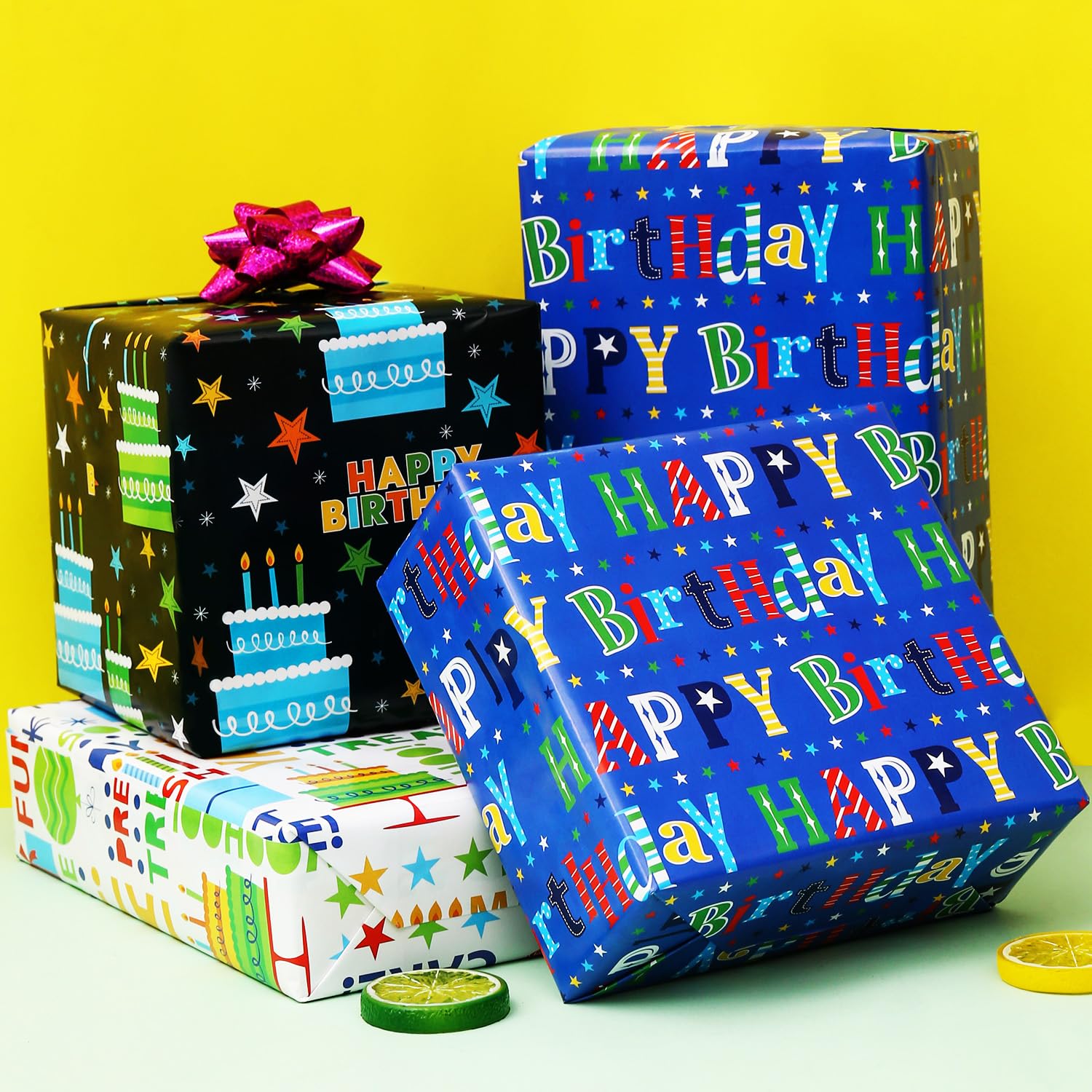 Birthday Wrapping Paper - Gift Wrapping Paper For Boys Girls Kids Men Women With Happy Birthday, Cakes, 6 Large Sheets Gift Wrap For Baby Shower, Folded Flat, 27 X 37 Inch