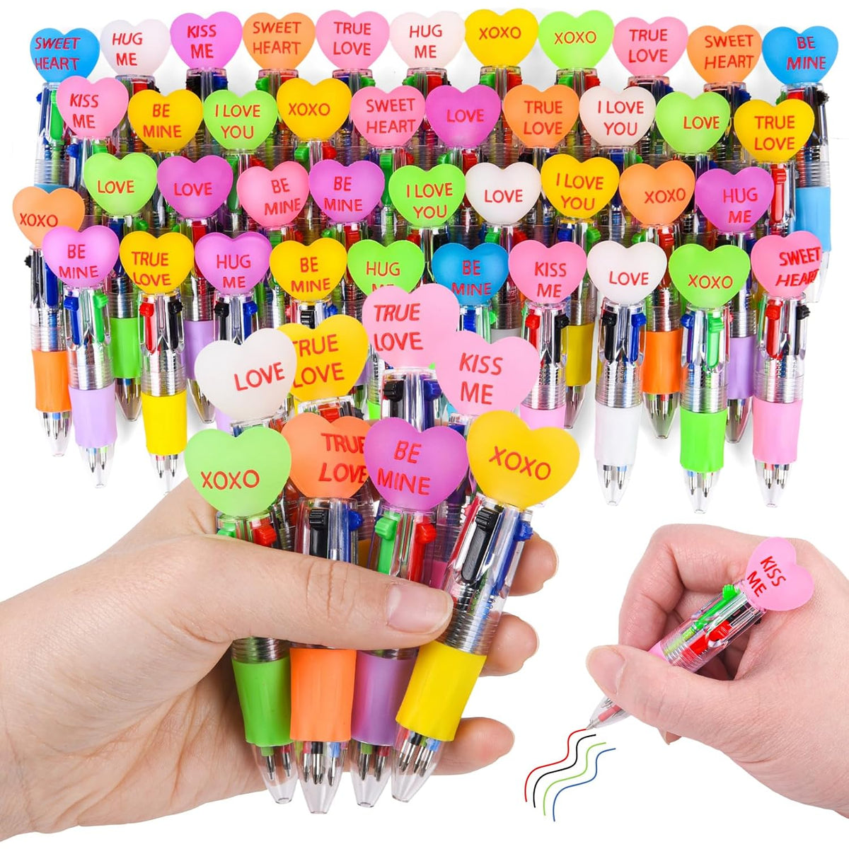 50 Pcs Valentine'S Day Conversation Colorful Multicolor Pen In One Cartoon Cute Fun 4-In-1 Pens Bulk Kawaii Be Mine Kiss Me Love Conversation Lovely Ballpoint Pens For Fun Gifts