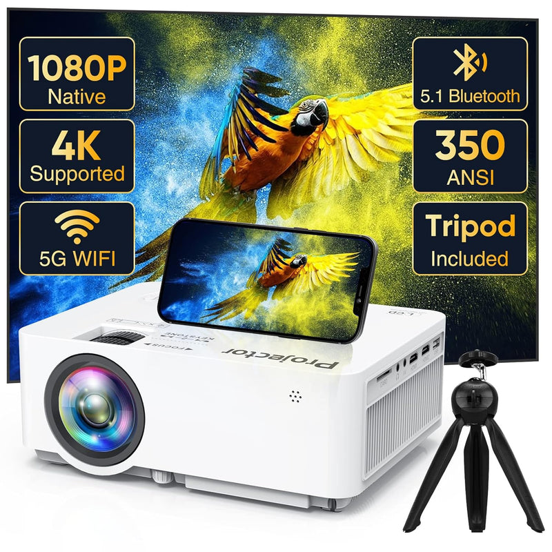 Native 1080P 5G WiFi Bluetooth Projector, 4K Support, Portable 300" Display