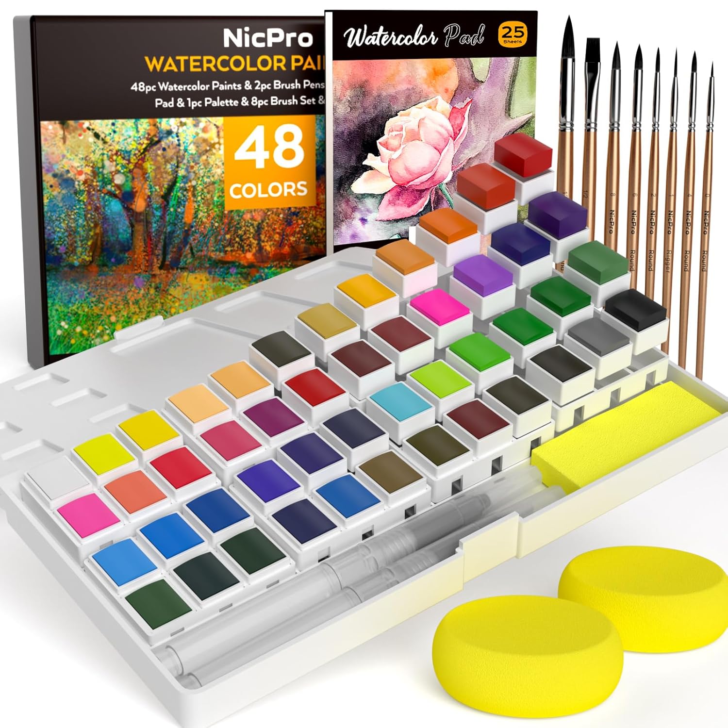 48 Colors Watercolor Paint Set With 8Pcs Painting Brushes, 25 Sheet Water Color Paper, 2 Water Brush Pens, Palette, Sponge, Art Supplies Kit For Artist Adult Kid Beginner With Gift Box