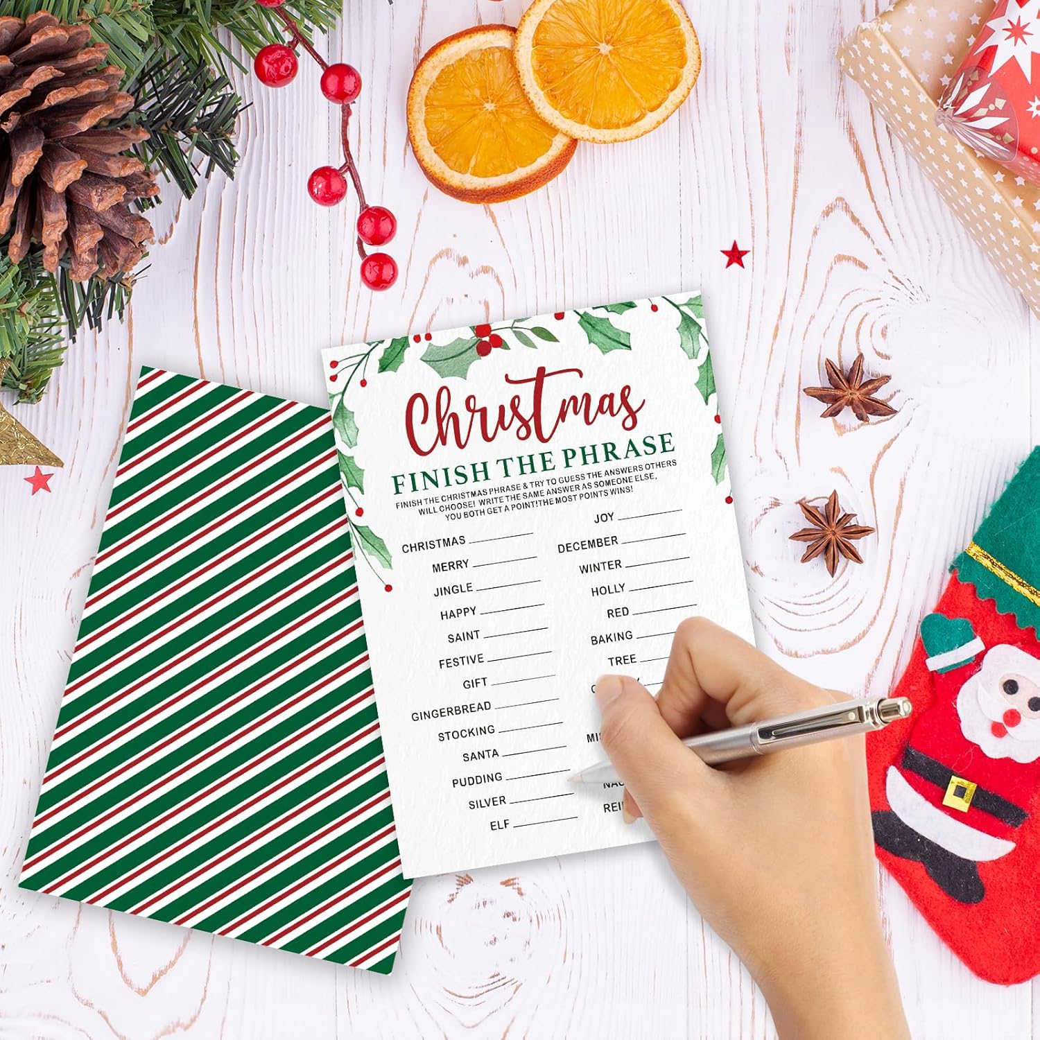30 Pack Finish The Phrase Christmas Party Game Cards - Green Leaf Minimalist Design Fun Xmas Games Activity For Office Groups,Xmas Events Christmas Party Decorations (5" X 7") - A04