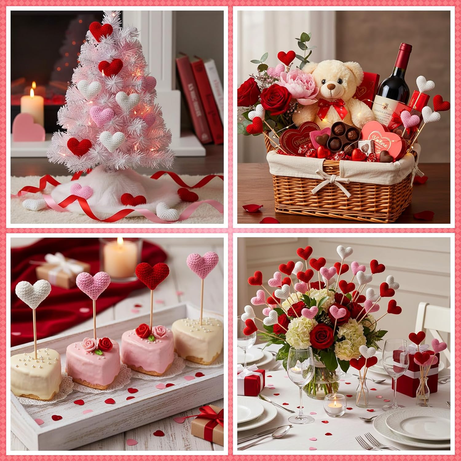 12 Pcs Valentines Heart Picks Crochet Valentines Day Tree Picks Valentine Bouquet Heart Artificial Flower Handmade Knitted Flowers Hearts Decorations For Mother'S Day Galentines Birthday