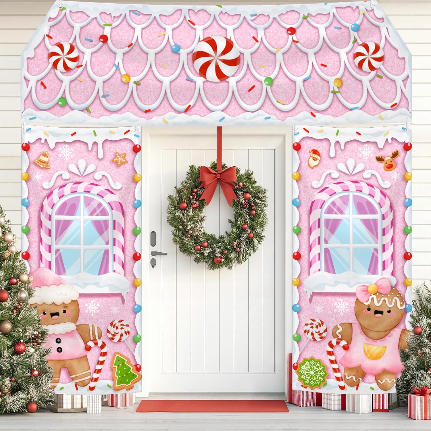 3 Pcs Christmas Gingerbread House Banner Gingerbread Party Door Decorations Pink Winter Christmas Candy Hanging Banner Porch Sign For Holiday Classroom Office Home Party Decor