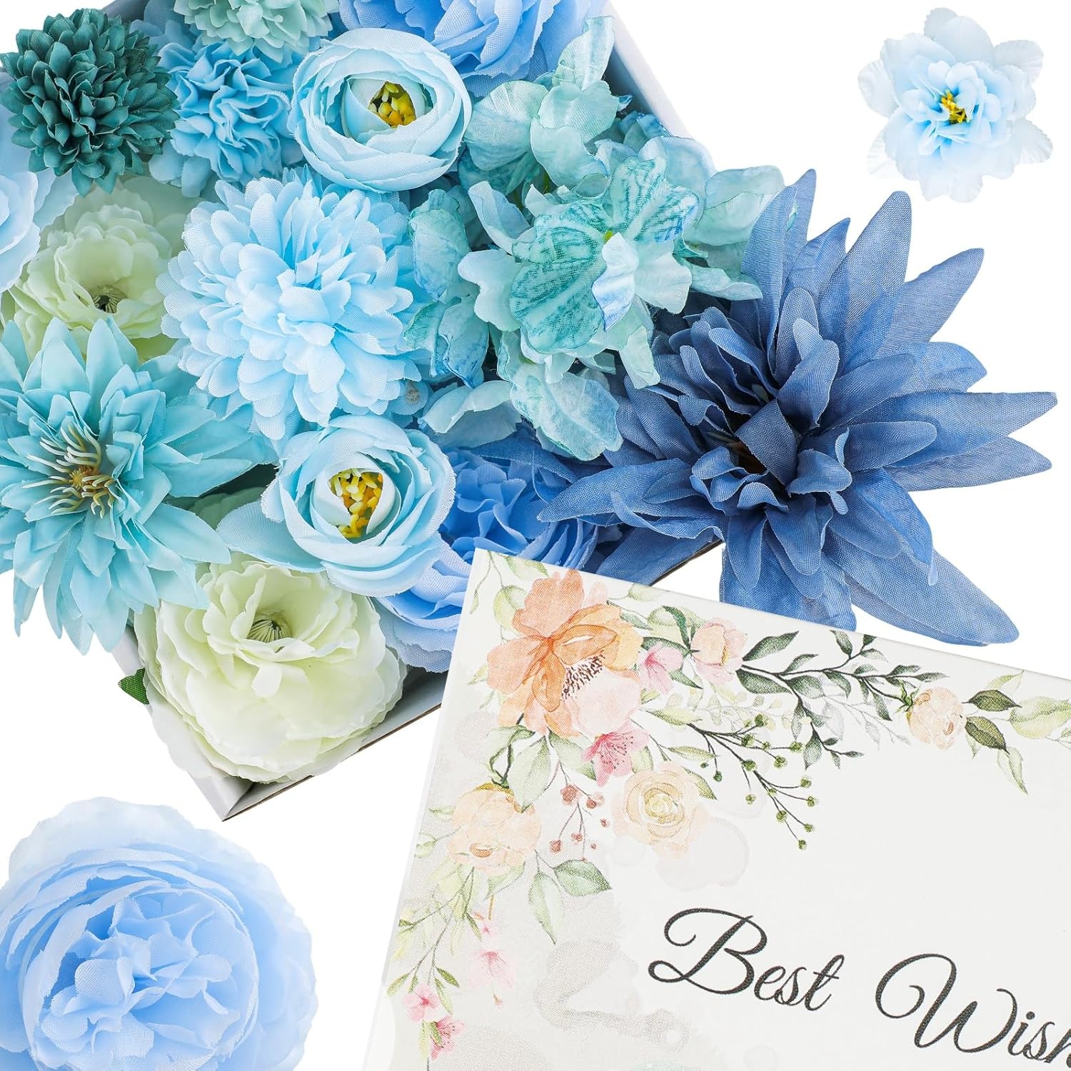 Blue Silk Flowers, Artificial Flower Combo Box Set With Stems For Bridal Wedding Bouquets, Table Centerpieces Decor, Floral Arrangement Home Decor