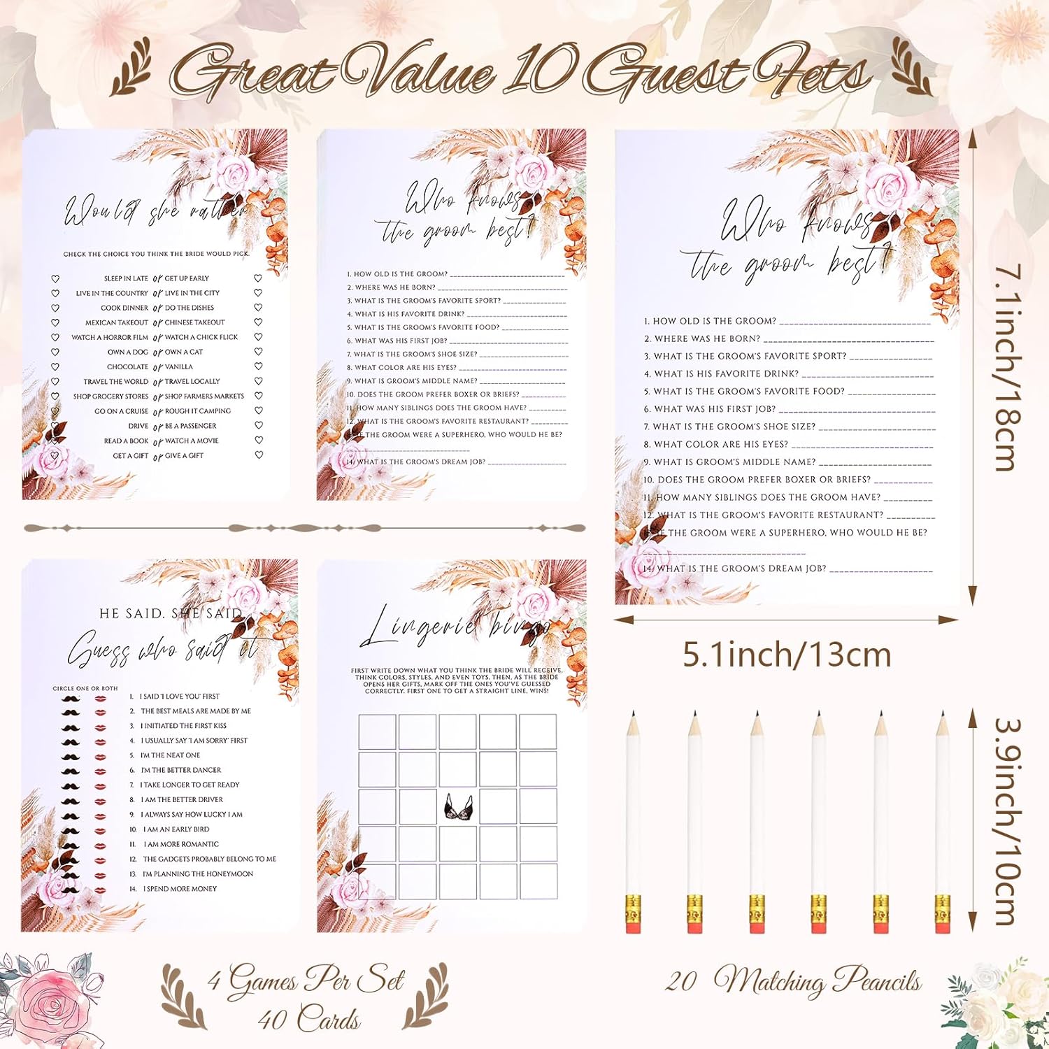 Bridal Shower Games, 4 Fun Bridal Shower Games For 40 Guests With 20 Pencils, Double-Sided Boho Cards, Shower Games For Bride Groom Party Wedding (Boho)