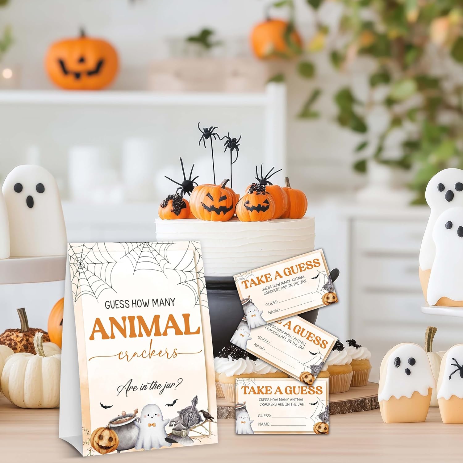 Halloween Baby Shower Games, Ghost Guess How Many Animal Crackers For Pumpkin Gender Reveal Party Supplies Decorations, 1 Standing Sign + 50 Tickets - A02