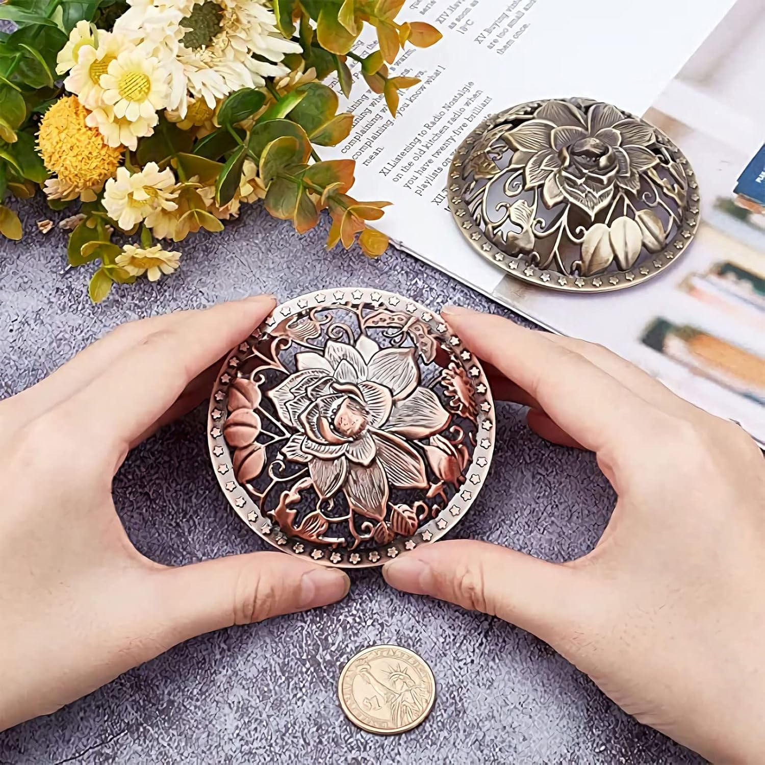 2Pcs Candle Cover Topper Lotus Scented Candles Cover Bronze Flowers Lid Jar Candles Bronze Alloy Candle Toppers Jar Shade Sleeves Accessories To Burn Evenly For Jar Candles Melt Space