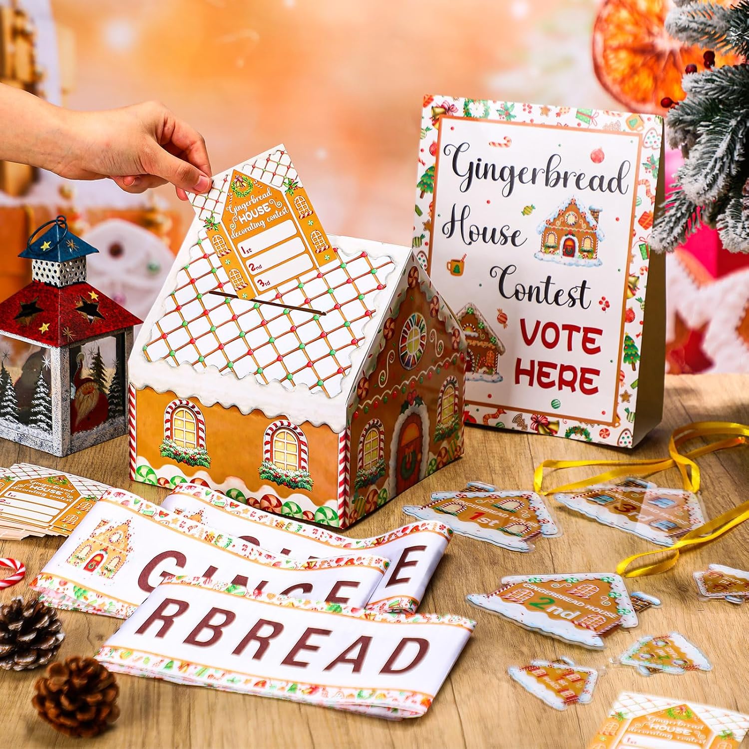 71 Pcs Christmas Gingerbread House Competition Kit Gingerbread Party Game Decor Contest Ballot Box Voting Cards Table Sign Award Sashess Prize Badges Medal Award For Party Trophy Supplies