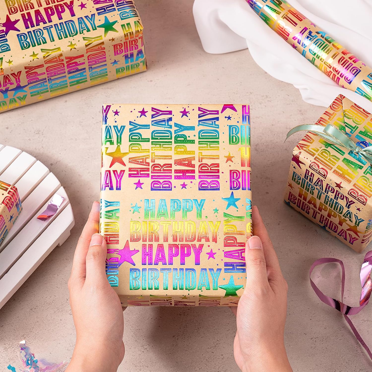 Birthday Kraft Wrapping Paper Roll, Mini Roll, Colorful Foil Happy Birtdhay Text Pattern Kraft Paper, Birthday Gift Wrap For Birthdays, Party And Special Occasions, 17 Inches X 16.4 Feet