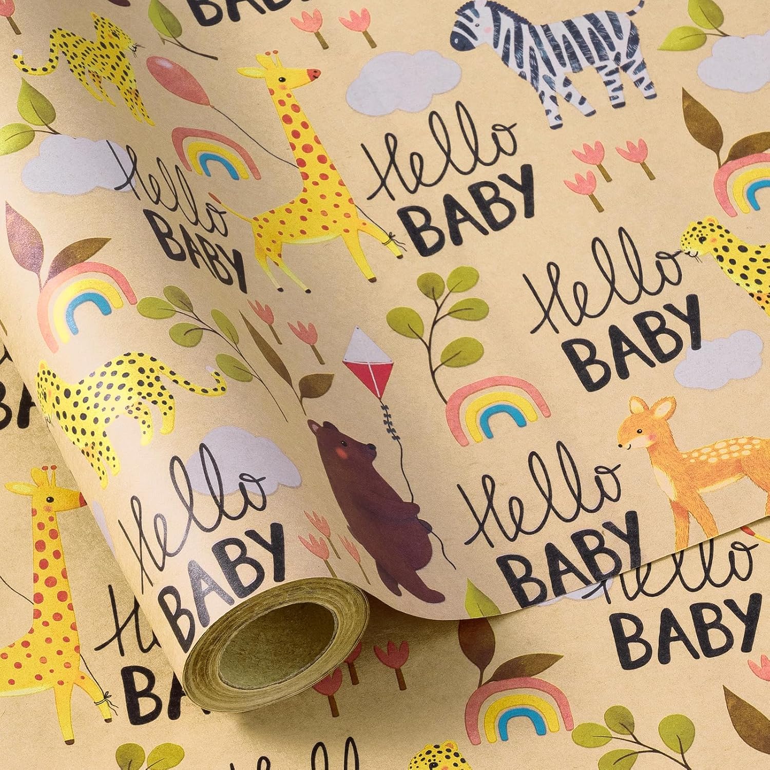 Baby Shower Wrapping Paper Roll - 17 Inches X 16.4 Feet - Cute Animal Design On Kraft Paper - Ideal For Baby Boy Or Neutral Gift Wrapping, Kids' Birthday Party And Baby Shower