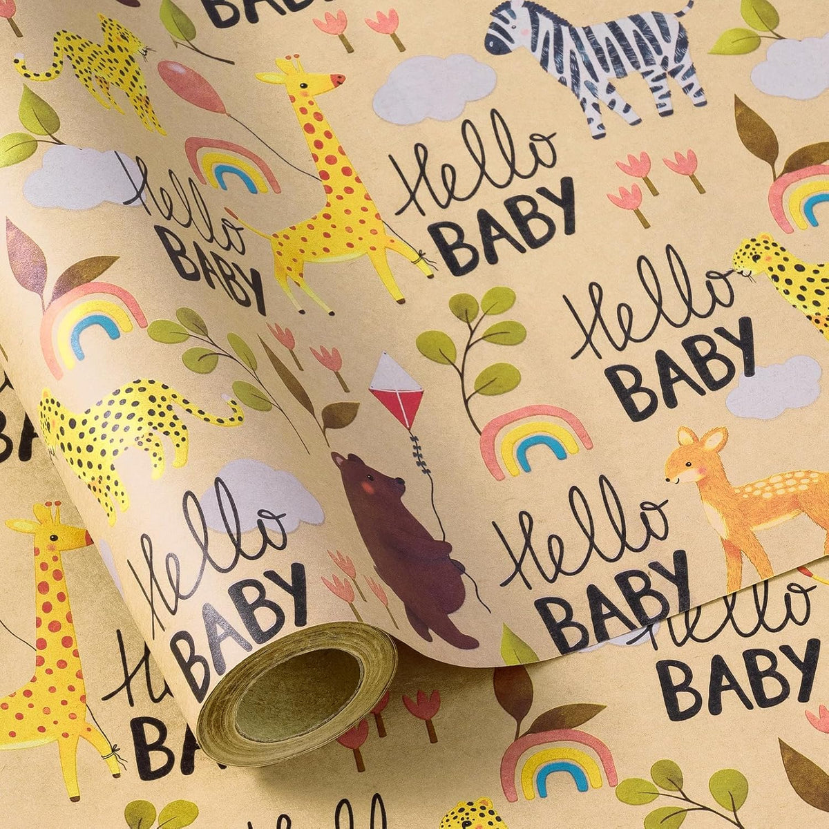 Baby Shower Wrapping Paper Roll - 17 Inches X 16.4 Feet - Cute Animal Design On Kraft Paper - Ideal For Baby Boy Or Neutral Gift Wrapping, Kids' Birthday Party And Baby Shower