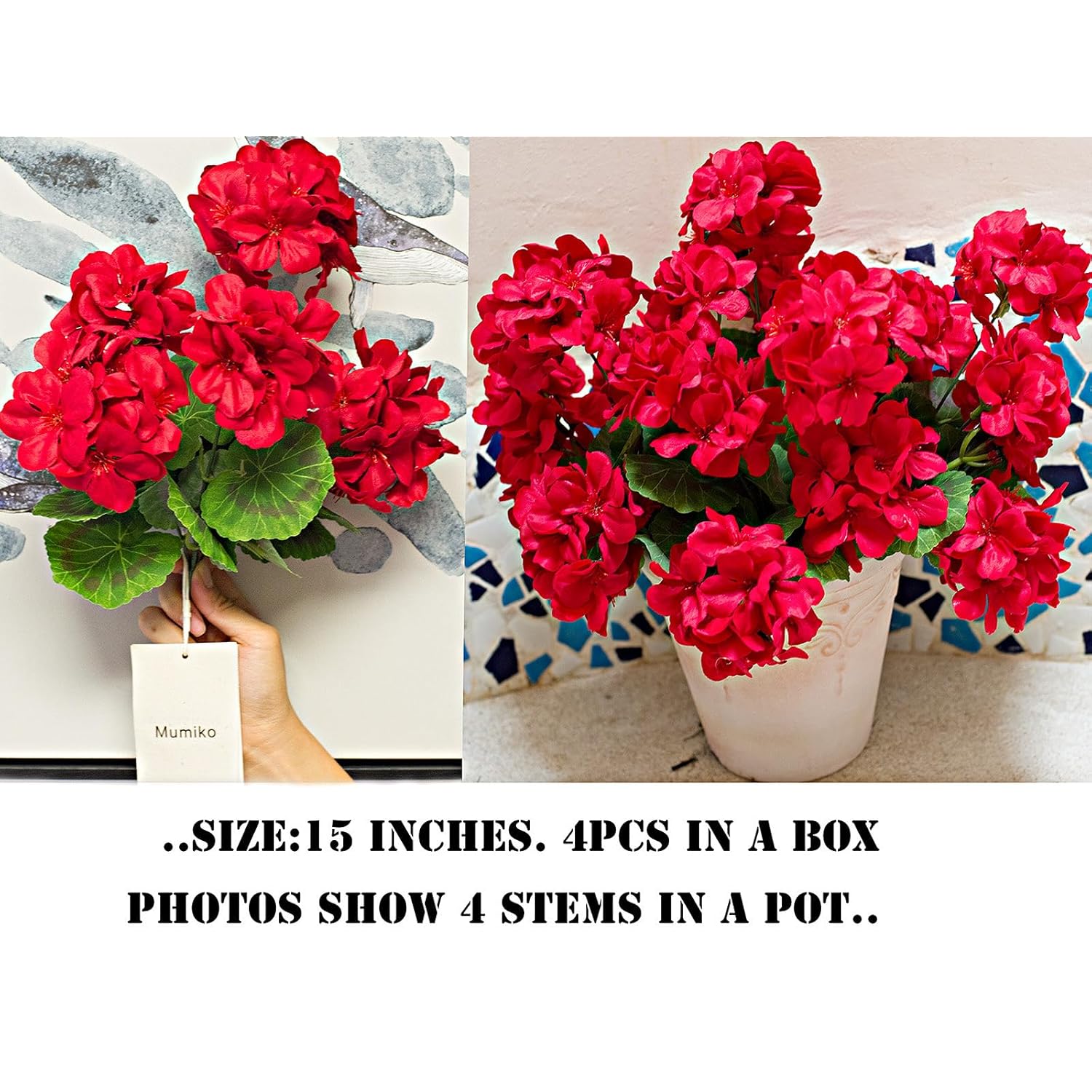4 Bundles 15'' Artificial Geraniums Silk Flowers For Outdoors Uv Resistant Home Decor Garden Look Real (4, Red)