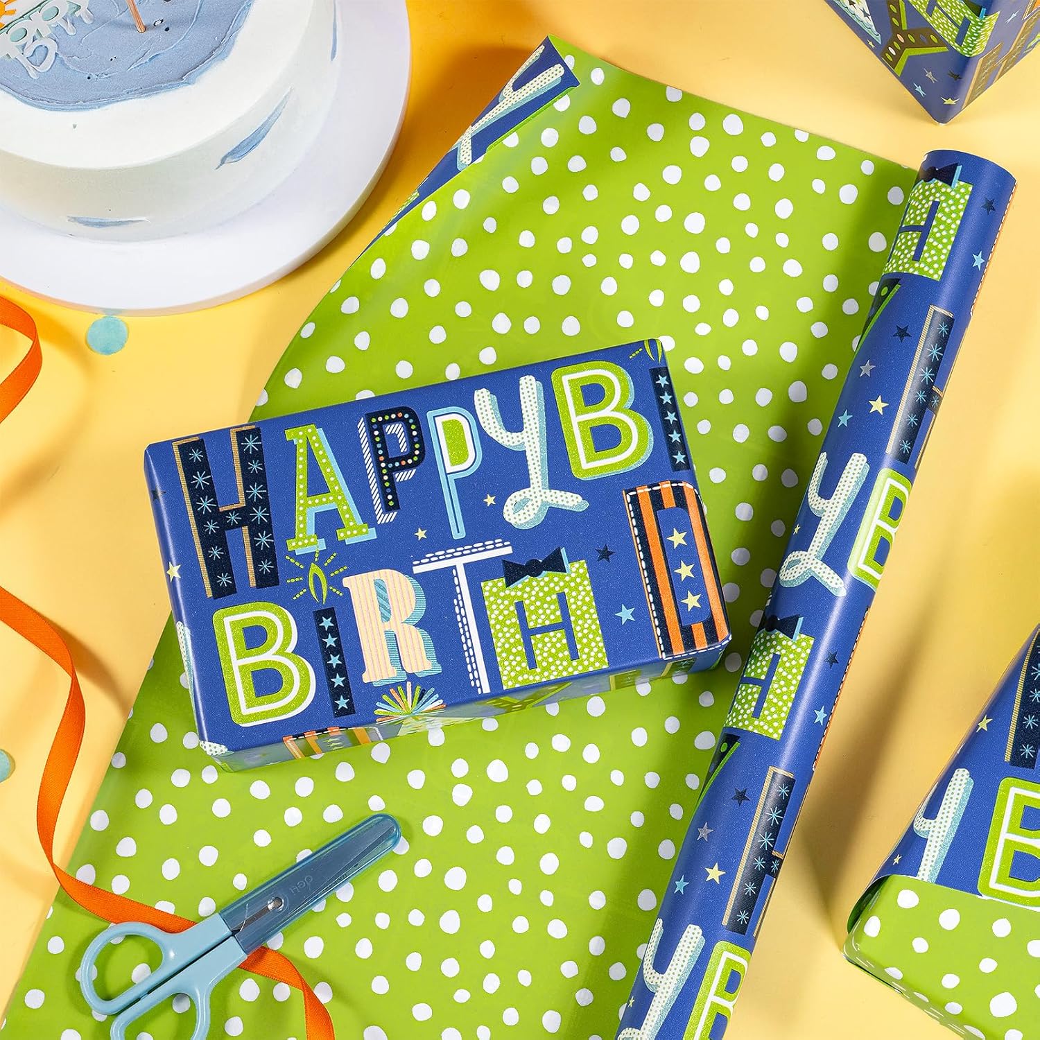 Reversible Boys Birthday Wrapping Paper Roll, Mini Roll, Blue Happy Birthday Letters And Green Polka Dot Design Gift Wrap Paper For Kids Boys, Holiday 17 Inches X 16.4 Feet