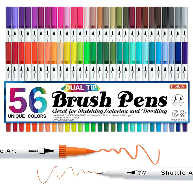 Dual Brush Pens Art Markers, 56 Colors Dual Tip Calligraphy Pens Fineliner And